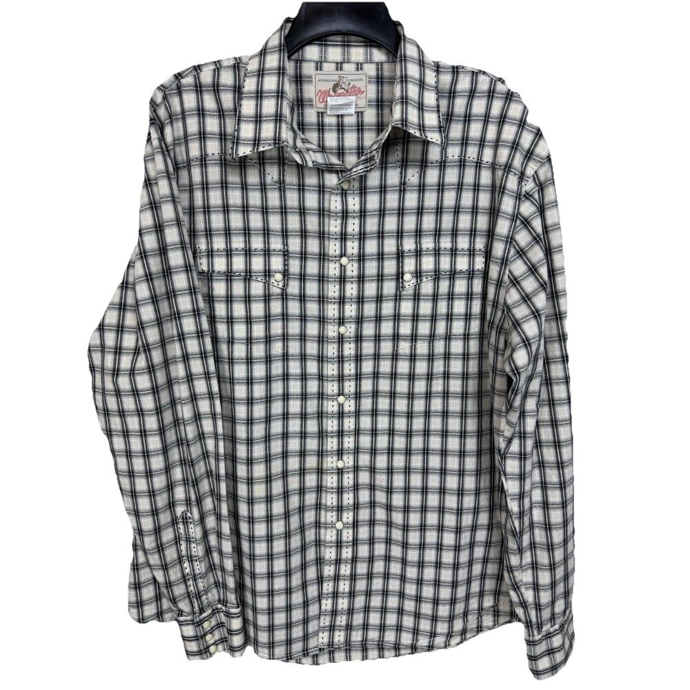 Wrangler Men's XL Pearl Snap Western Shirt Long Sleeve Top Stitched‎ Black Plaid